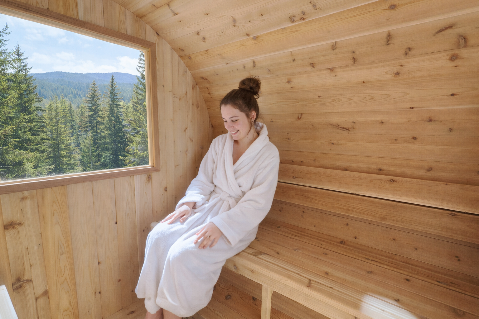 photo femme en robe de chambre dans sauna - vue sur paysage en foret